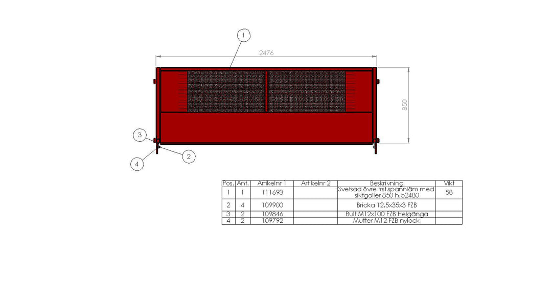 Övre framstam spannläm med siktgaller H850mm B2480mm 109562