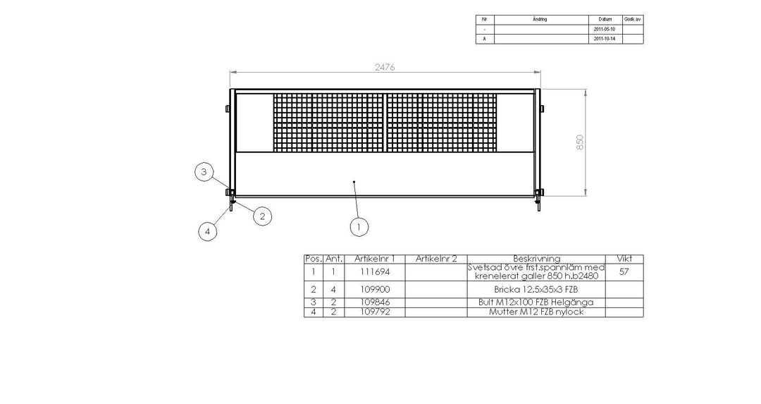 Övre framstam kreneleradgaller H850mm B2480mm 109888