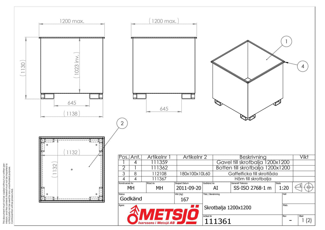 Skrotbalja 1200x1200 Med dräneringshål 5 st 111361