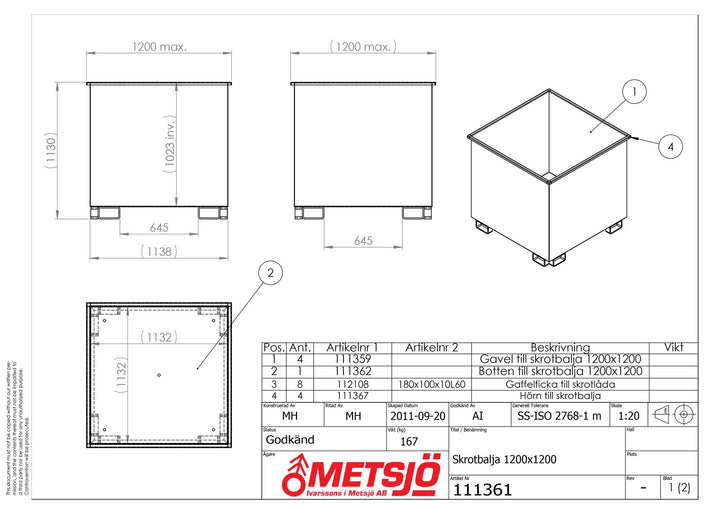 Skrotbalja 1200x1200 Med dräneringshål 5 st 111361