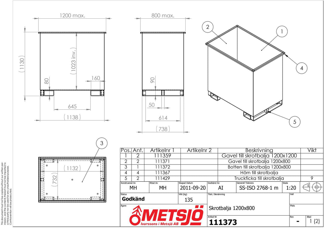 Skrotbalja 1200x800 Med dräneringshål 5 st 111373