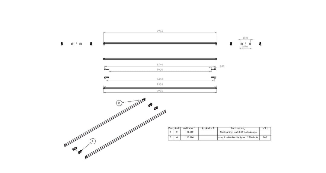 Mooringkit 9500mm 250 Fram + 250 Bak 112511