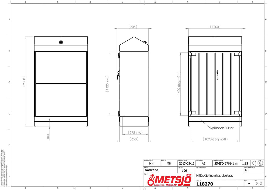 Miljöskåp för inomhusbruk Spillback 80 liter. Oisolerat 118270